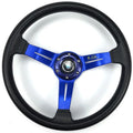 Universal PU racing steering wheel, 14 inch 340mm diameter, with aluminium bracket, iron ring, and speaker, in black, red, blue, or silver.