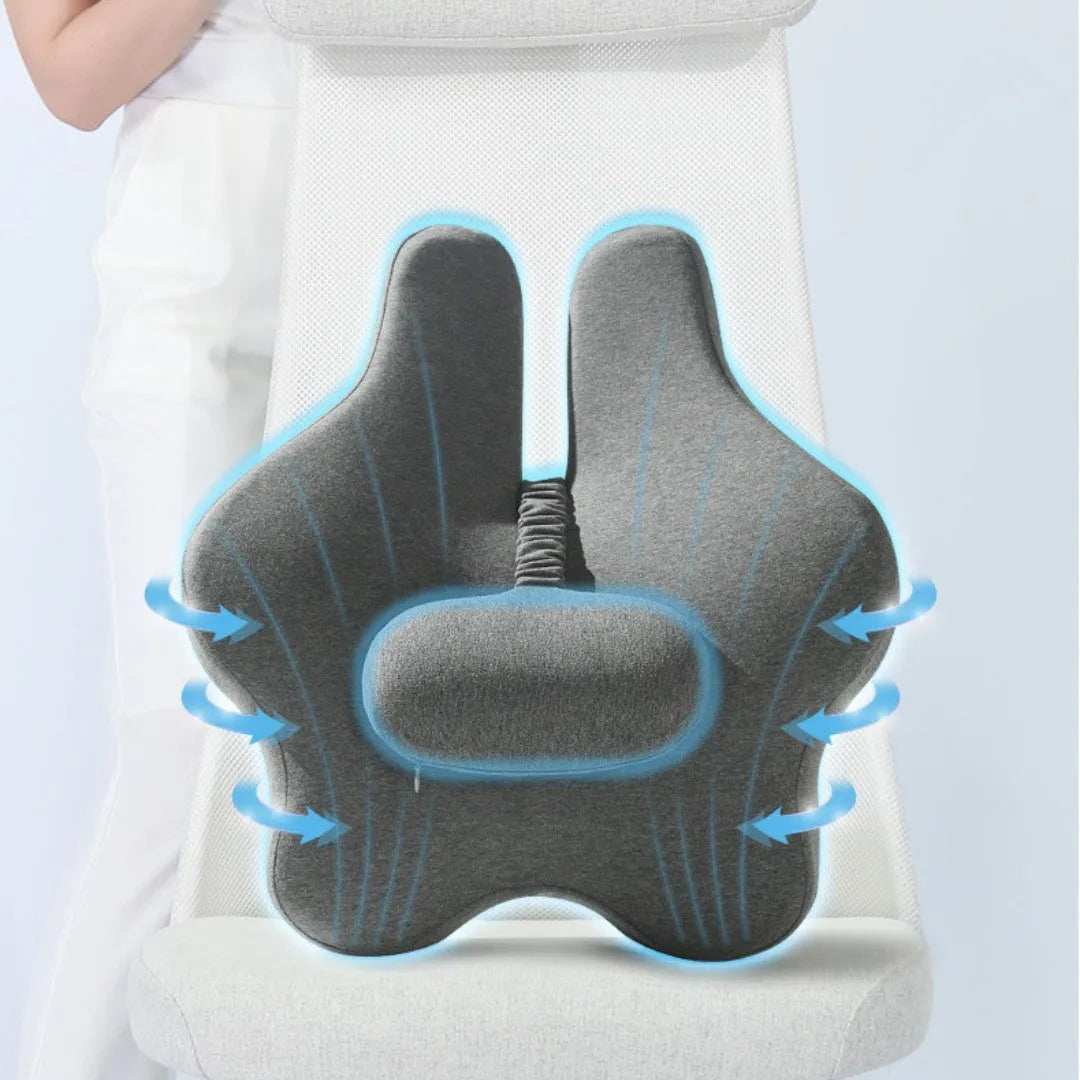 Adjustable memory foam car lumbar support cushion in solid colour.
