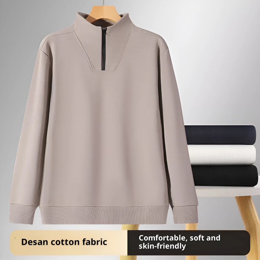 Solid colour polyester loose fit stand collar zip-up sweatshirt for men in black