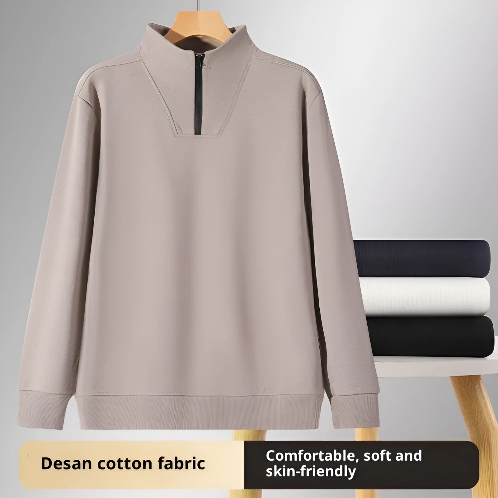 Solid colour polyester loose fit stand collar zip-up sweatshirt for men in black