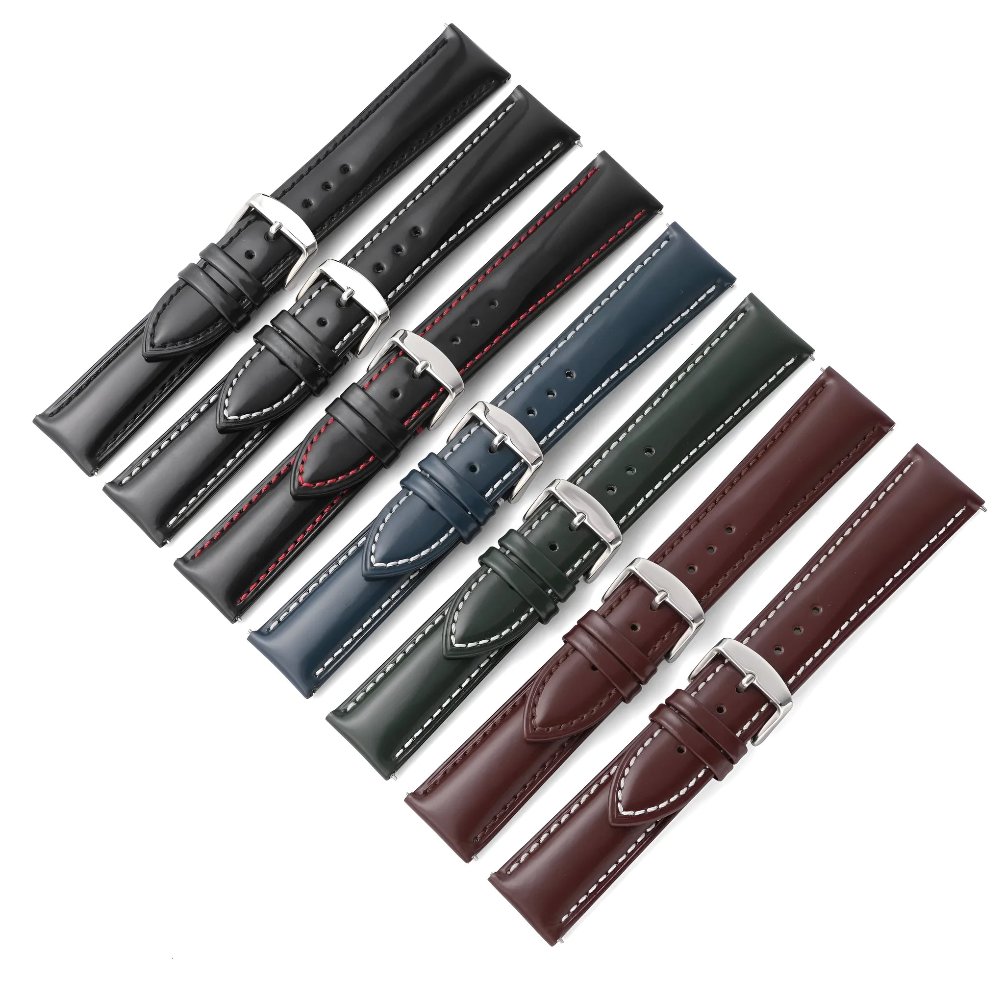 Quick release leather watch strap in bright cowhide, showing colour options and width sizes from 18mm to 22mm.