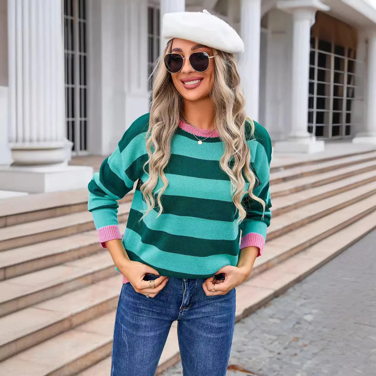 Women's blue striped acrylic loose fit long sleeve sweater with round neck