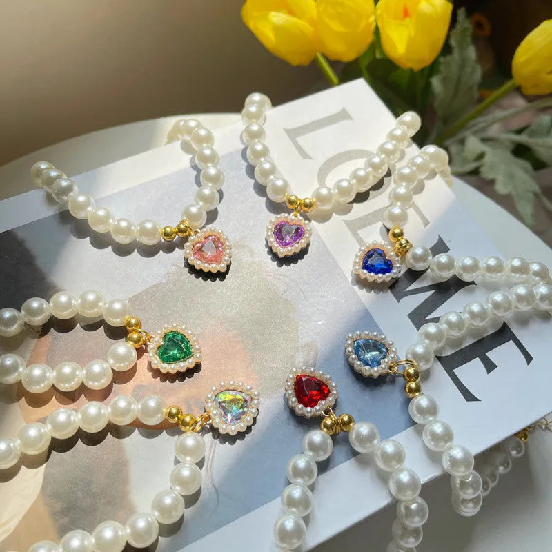 Retro love crystal pendant pet necklace with imitation pearl beads on a cat, available in multiple colours and sizes S, M, L