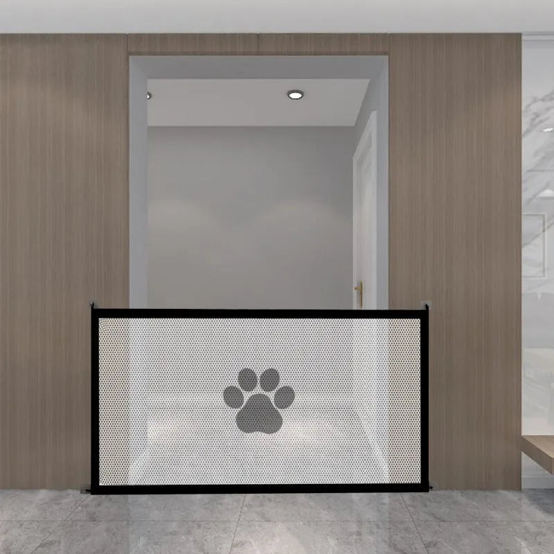 Folding dog safety barrier net fence with pet doorsill design and plastic rod support