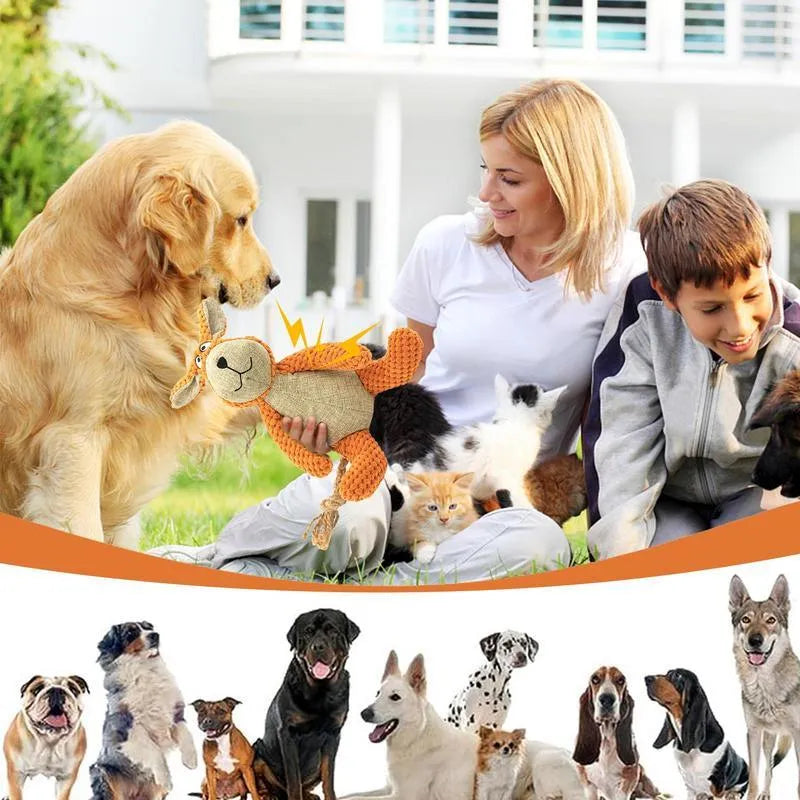 Small plush dog chew toy in animal shape with squeaker for interactive play and teeth cleaning