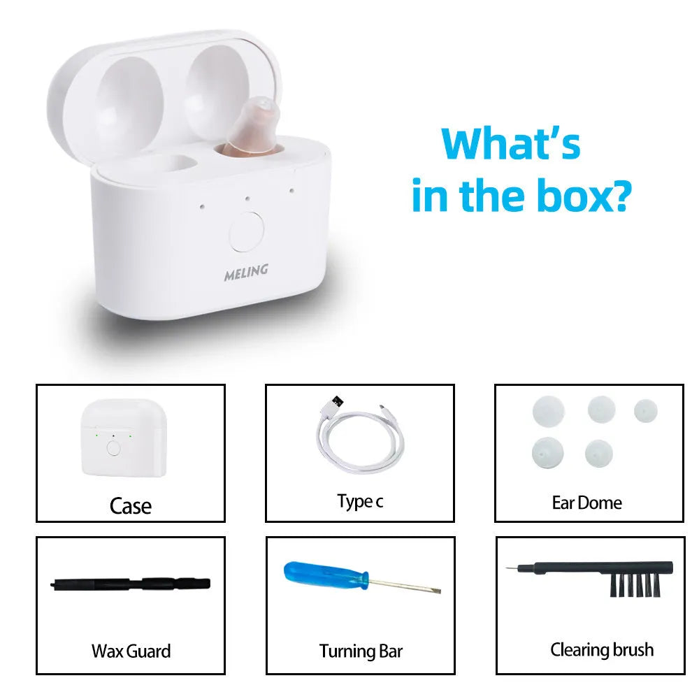 Beige rechargeable behind-the-ear hearing aid with magnetic charging dock and portable case.