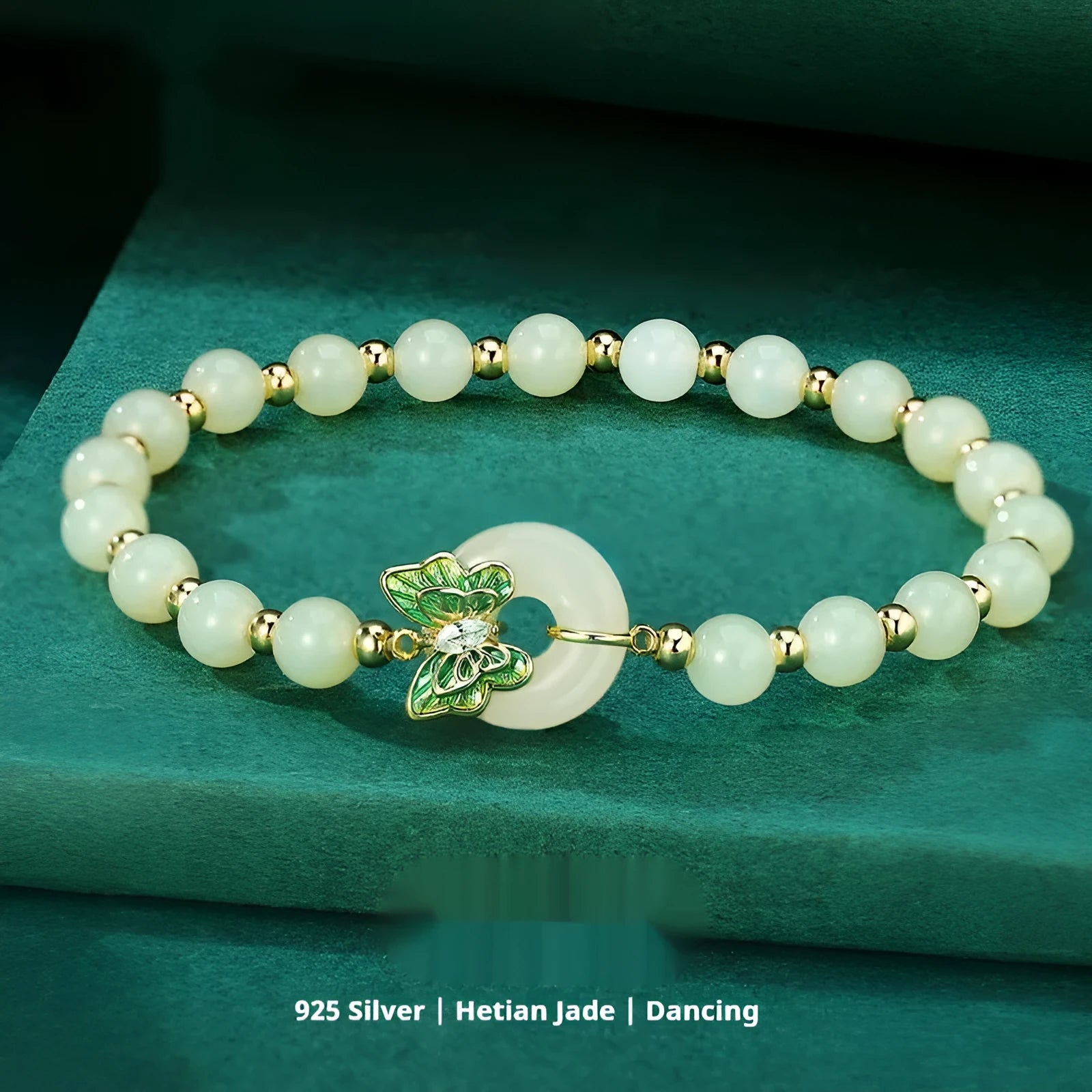 Women's Hetian jade bracelet with butterfly sterling silver inlay and cyan coloured 6mm beads