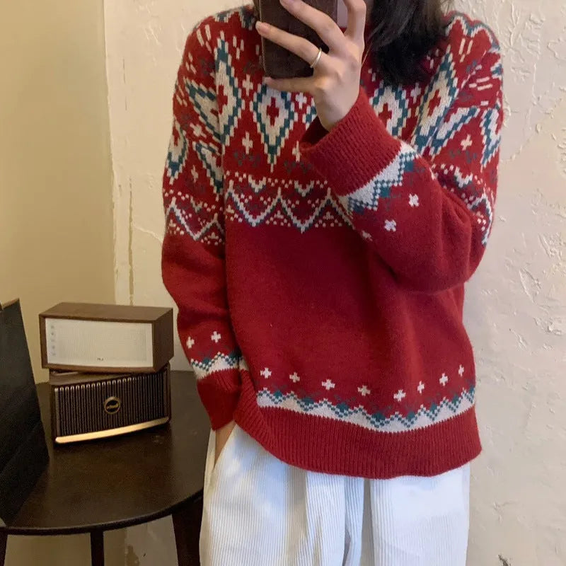 Loose retro striped pullover knitted top in red or white with long sleeves