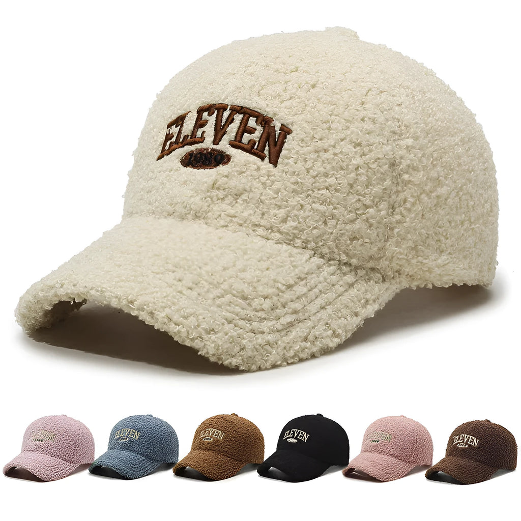 Winter lambskin baseball cap with dome crown and machine embroidery in assorted colours