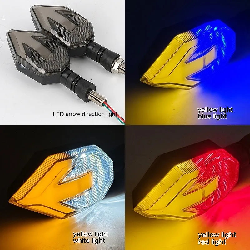 Arrow-shaped LED motorcycle turn signal lamp with 12V universal fitment and ABS plastic housing