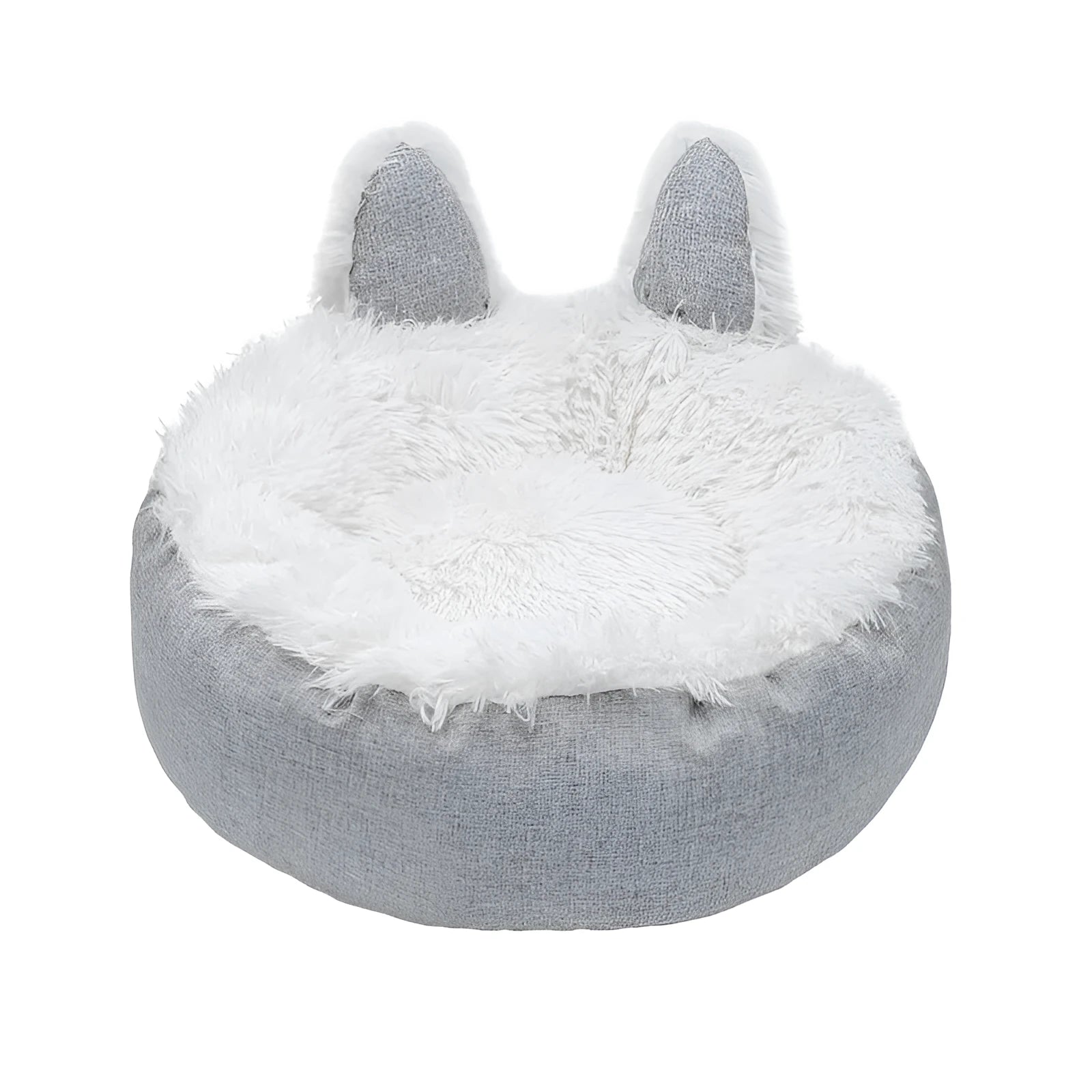 Round plush faux fur cat bed with raised sides in blue colour showing soft texture