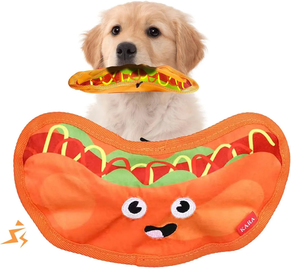 Food-shaped dog chew toys with crinkle and squeaker features including burger, fries, hot dog and pizza designs
