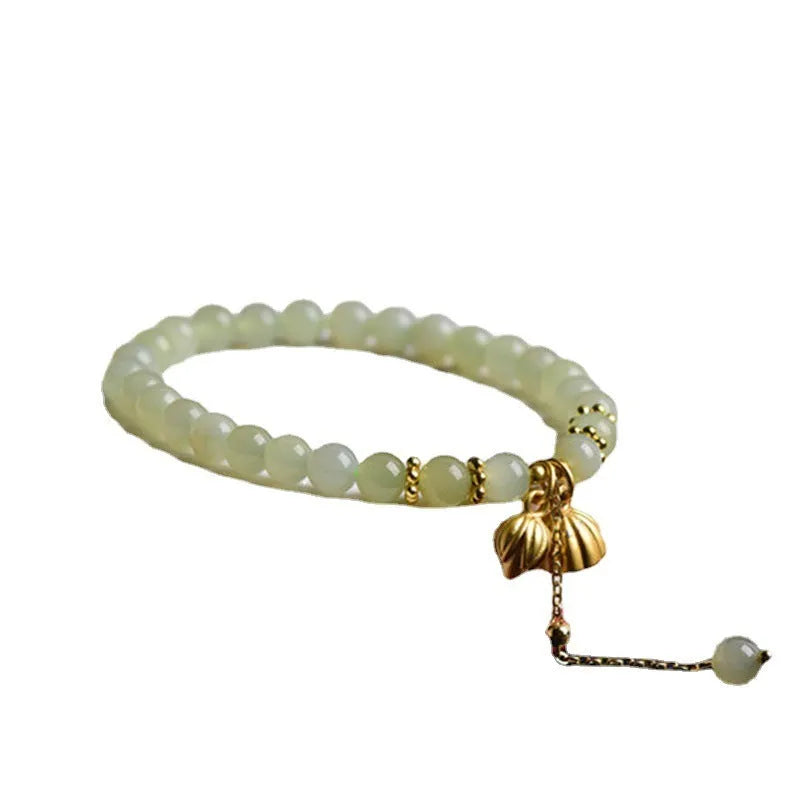 Two Shihuan natural Hetian jade bracelet with 6mm beads showing lotus and fu character designs