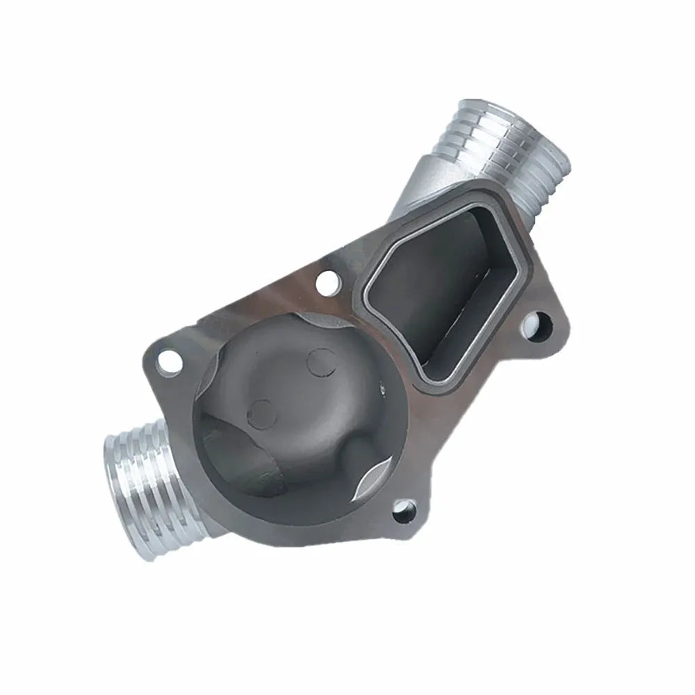 Silver aluminium thermostat housing cover with gasket for BMW engine cooling