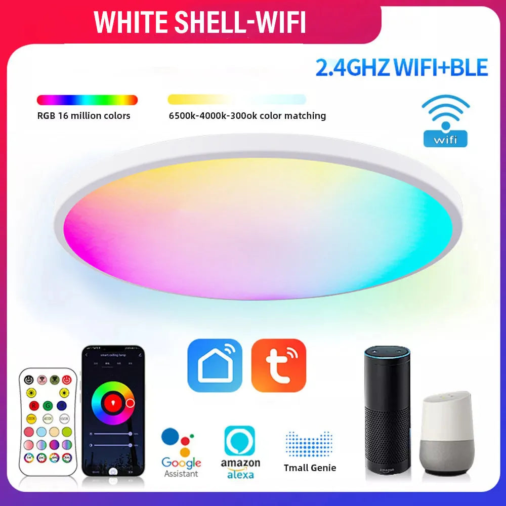 Black or white intelligent Bluetooth ceiling lamp with RGBCW colour dimming controls and 300mm diameter