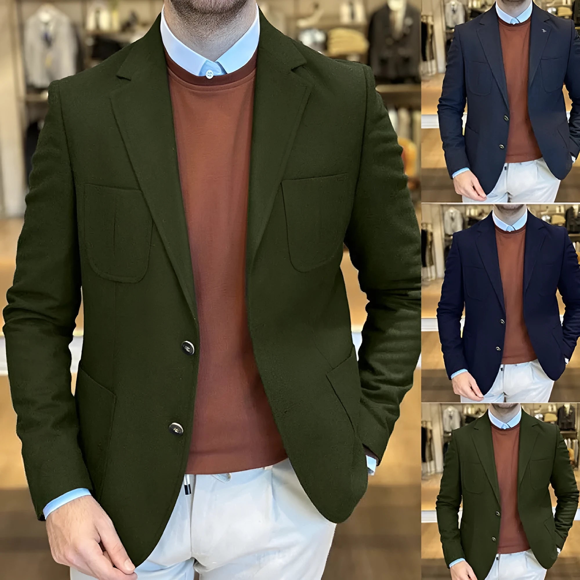 Men's loose-fit cotton tailored suit jacket in Army Green colour on a hanger.