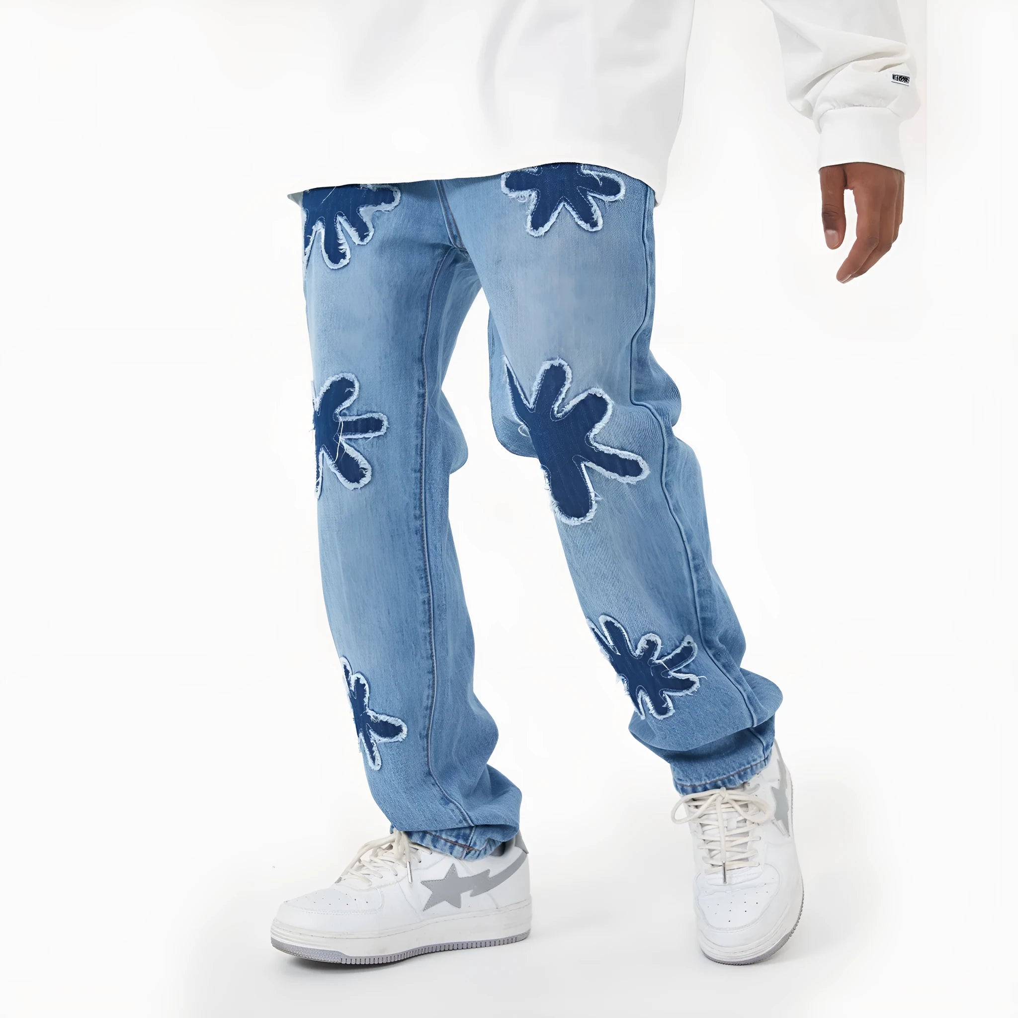 Retro burnt flowers niche wash straight-leg old jeans for men and women in light blue coffee black cotton denim mid-waist trousers