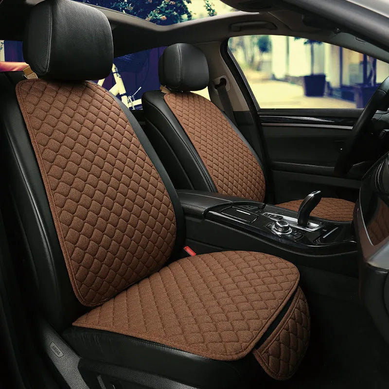 Linen car seat cushion showing universal fit design available in six colour variations