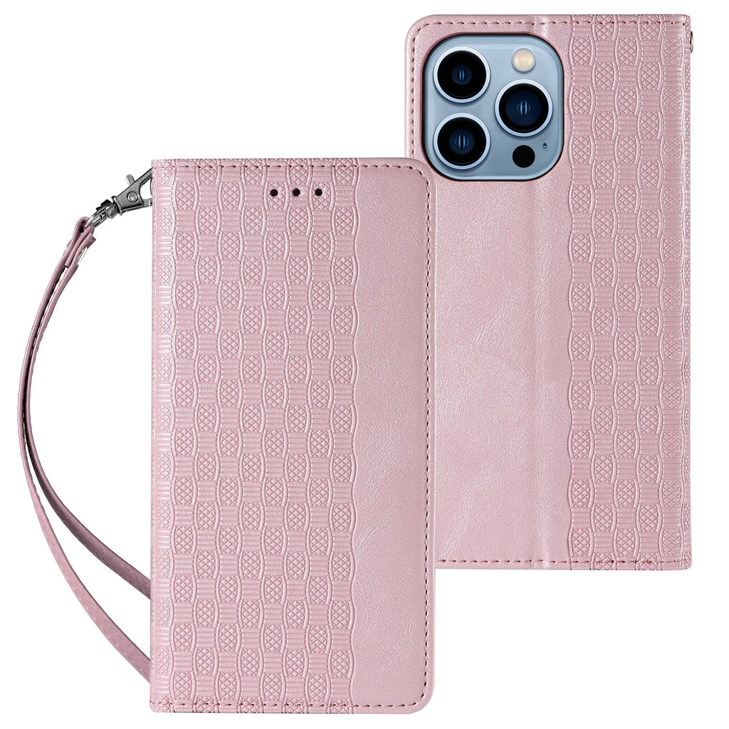 Embossed leather-style flip phone case for iPhone shown in black, brown, blue, and red colours.