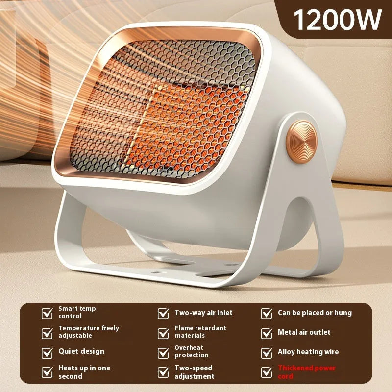 Compact white desktop ceramic heater with rotatable base on a wooden table.