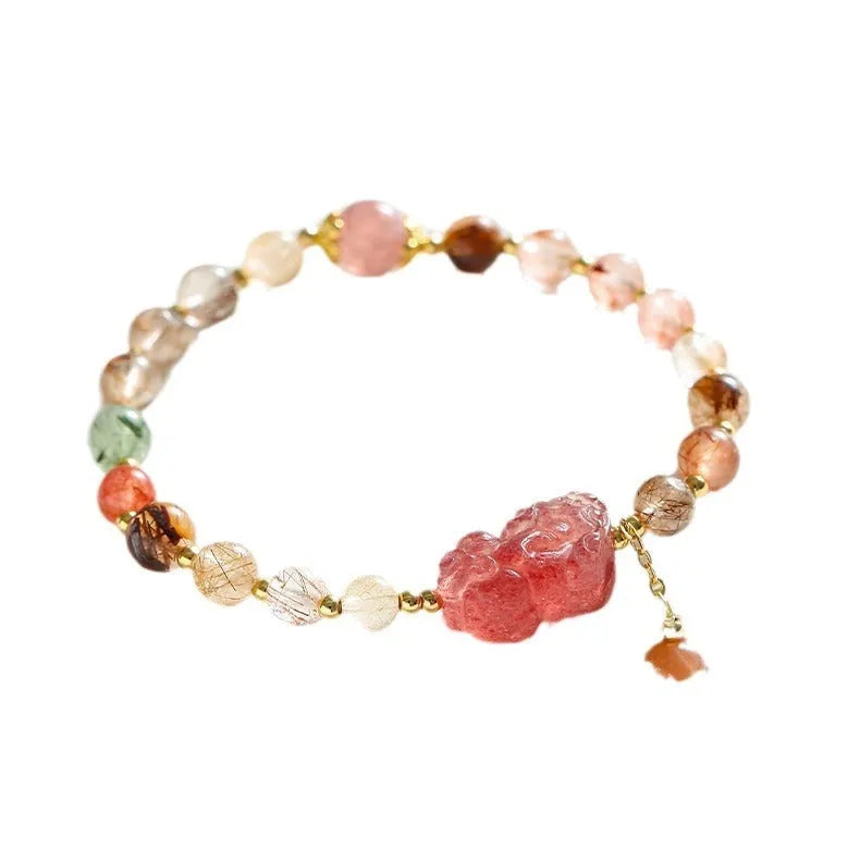 Chinese-style strawberry quartz crystal bracelet with copper construction, Pixiu charm, and pearl accents in dopamine crystal colour