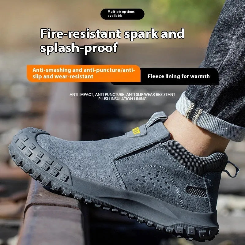 Mid-calf welding safety shoes in grey or khaki with steel cloth and suede leather construction for industrial protection