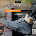 Mid-calf welding safety shoes in grey or khaki with steel cloth and suede leather construction for industrial protection