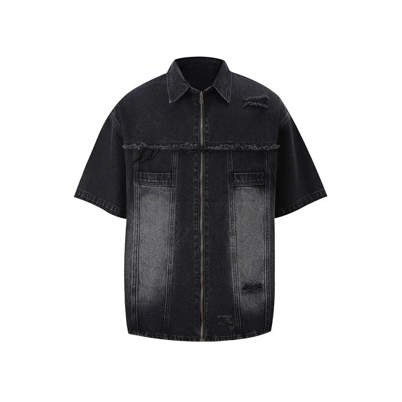 Denim overall suit matching set with short sleeve top and trousers in street fashion style
