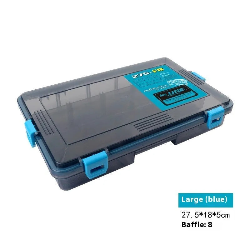 Blue waterproof PP plastic fishing lure storage box with lid open, showing compartments.