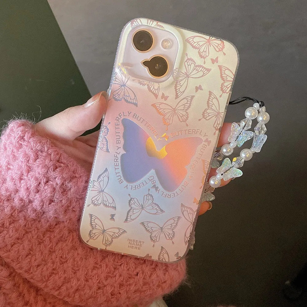 Laser gradient butterfly TPU phone case for iPhone with optional chain, anti-fall protection, Japanese Ins style