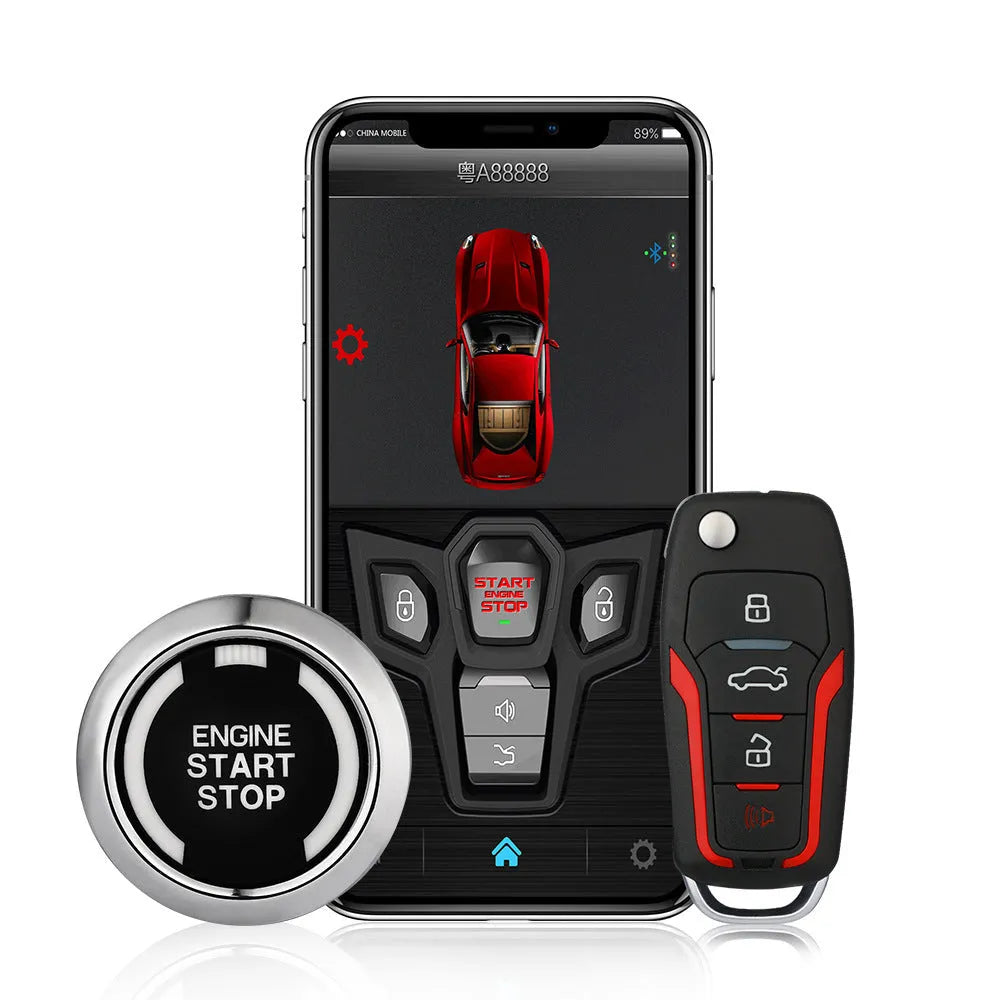 Red and frosted black one-way car alarm unit with two remote controls for 3000m vehicle security.