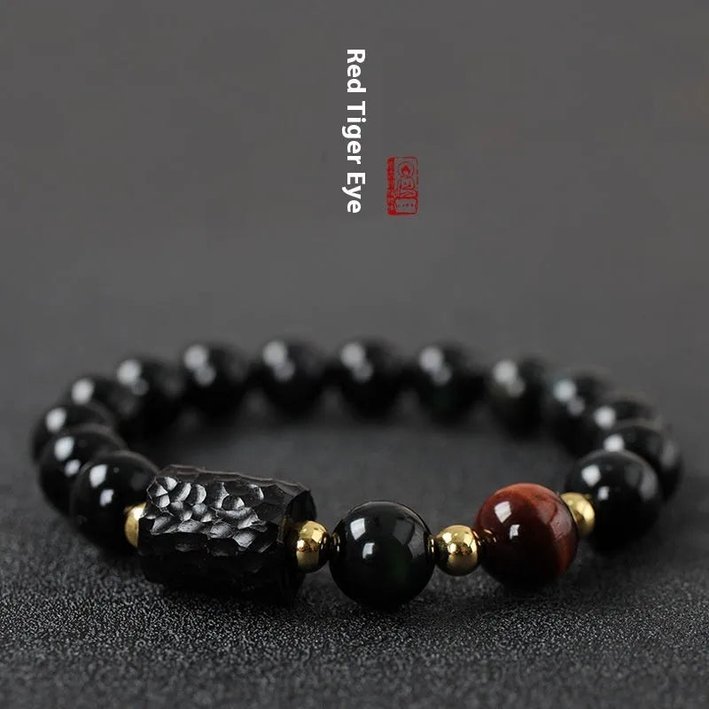 Obsidian bracelet with 10mm tiger eye beads in unisex couple design