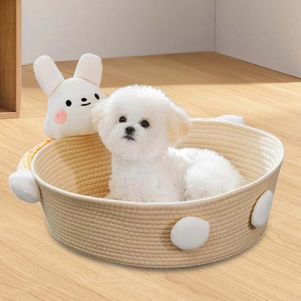 Woven cotton rope cat bed with scratching surface in basket design