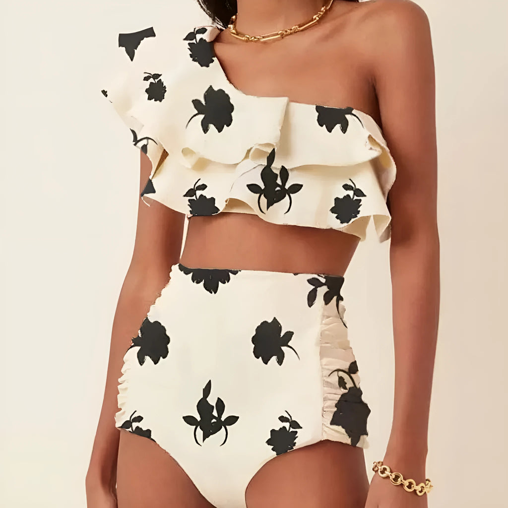 Women's high-waist conservative bikini suit with printed ruffles on oblique shoulders in polyester fabric