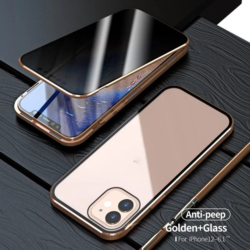 Magnetic privacy glass case for iPhone in multiple colours showing anti-peeping feature.