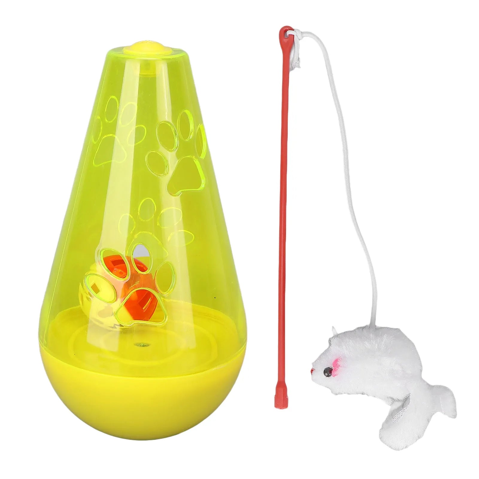 Blue and yellow cat toy with bell ball and treat dispenser plus plush mouse wand on white background