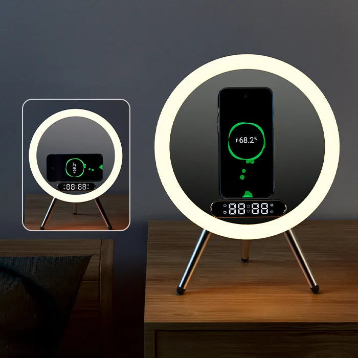 Multi-function LED mirror alarm clock with wireless charger and Bluetooth speaker in white, showing clock display and acrylic mirror surface