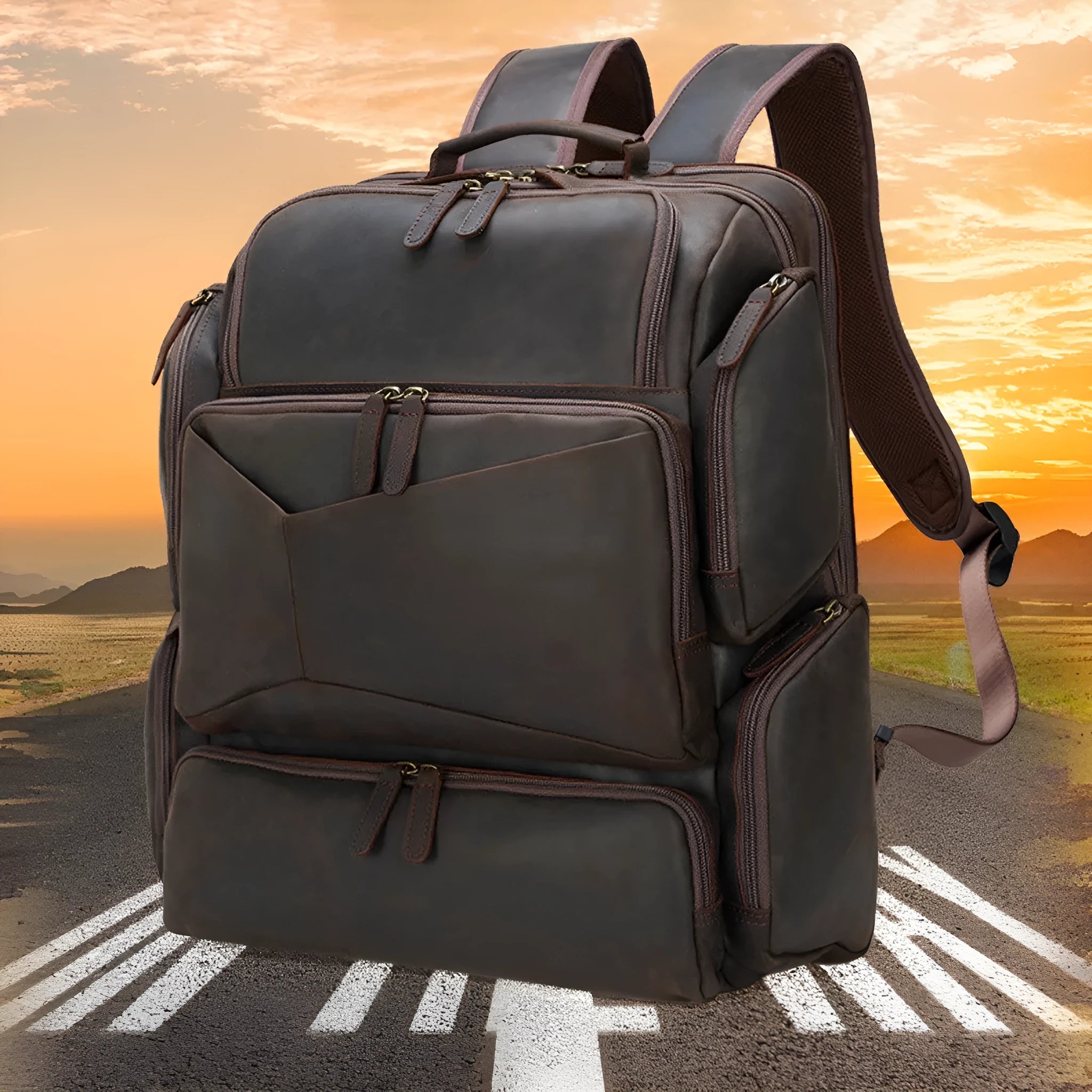 Dark brown genuine crazy horse leather backpack for men showing open pockets and organised internal compartments for a 17-inch laptop.