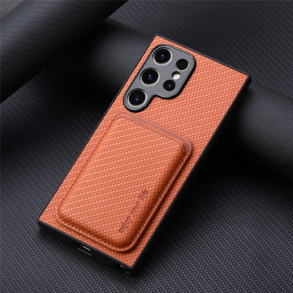 Leather phone case with built-in suction Magsafe card holder for Samsung, available in black, green, and brown.