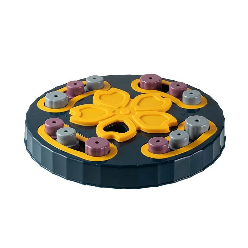 Dog slow feeding puzzle toy plate with obstacle patterns in blue colour