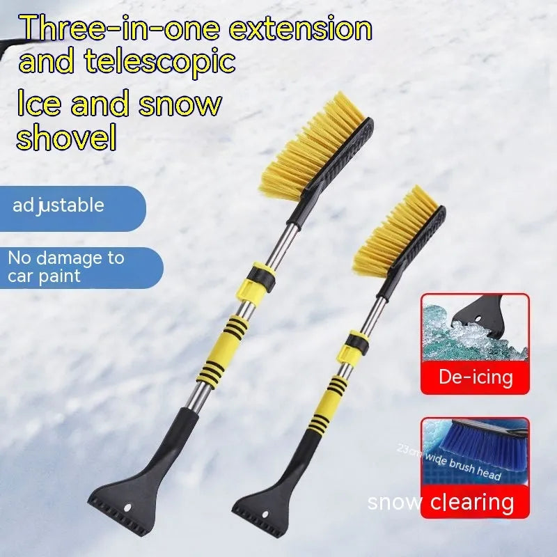 Blue telescopic car snow brush with extended handle for winter vehicle clearing
