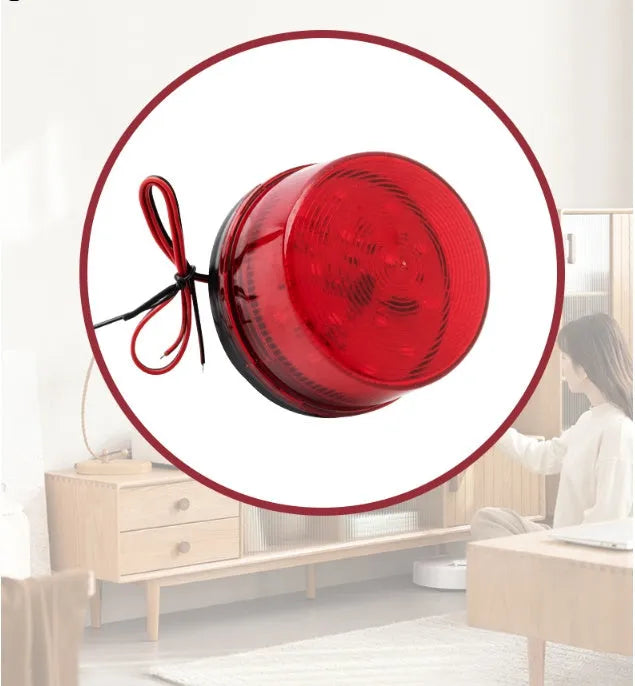Small red 24v warning and alarm light with siren, 73mm diameter, on a white base.