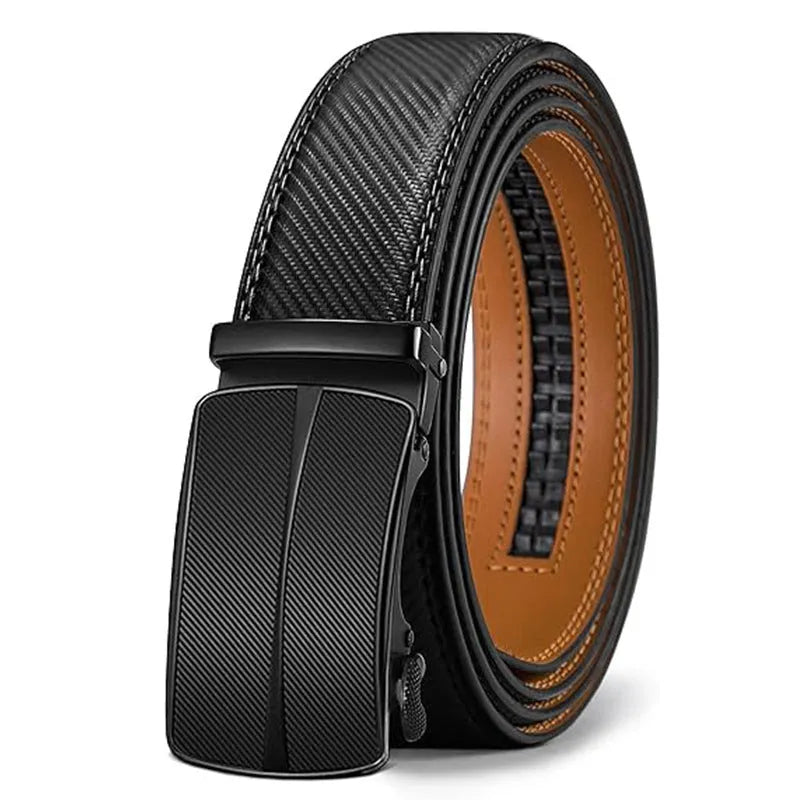 Men's embossed PU leather belt with an automatic alloy buckle in a neutral colour.