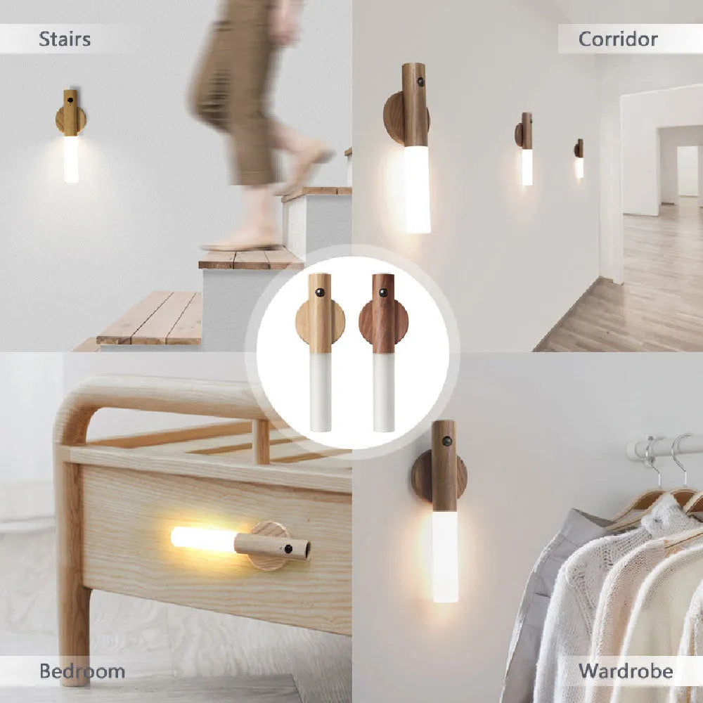 Magnetic USB LED night light with PIR motion sensor, warm white light, acrylic shade, Ash or Walnut finish