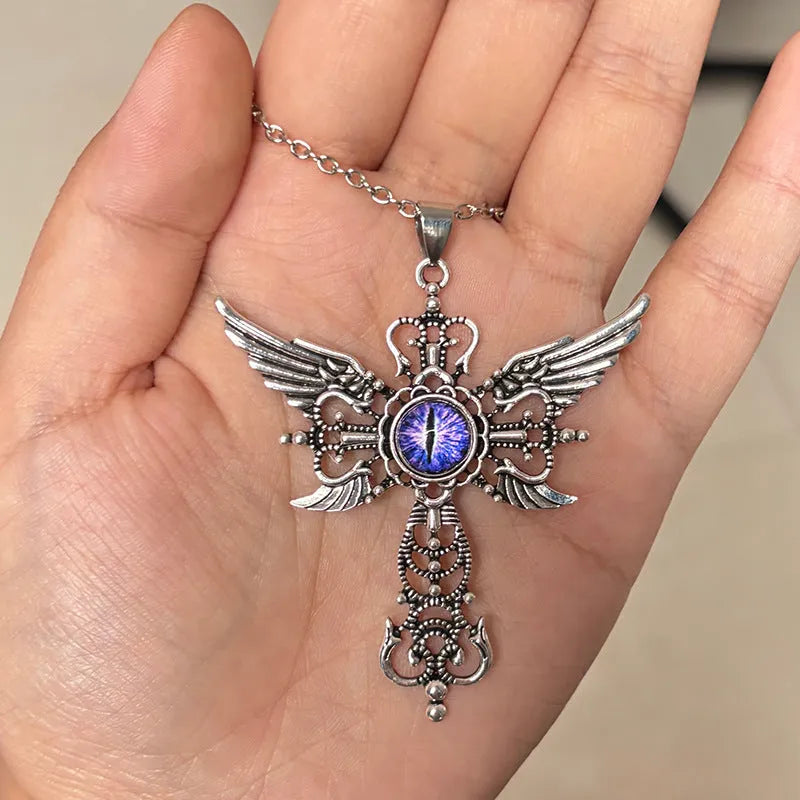 Creative devil wings and geometric cross pendant necklace in alloy on an adjustable chain.