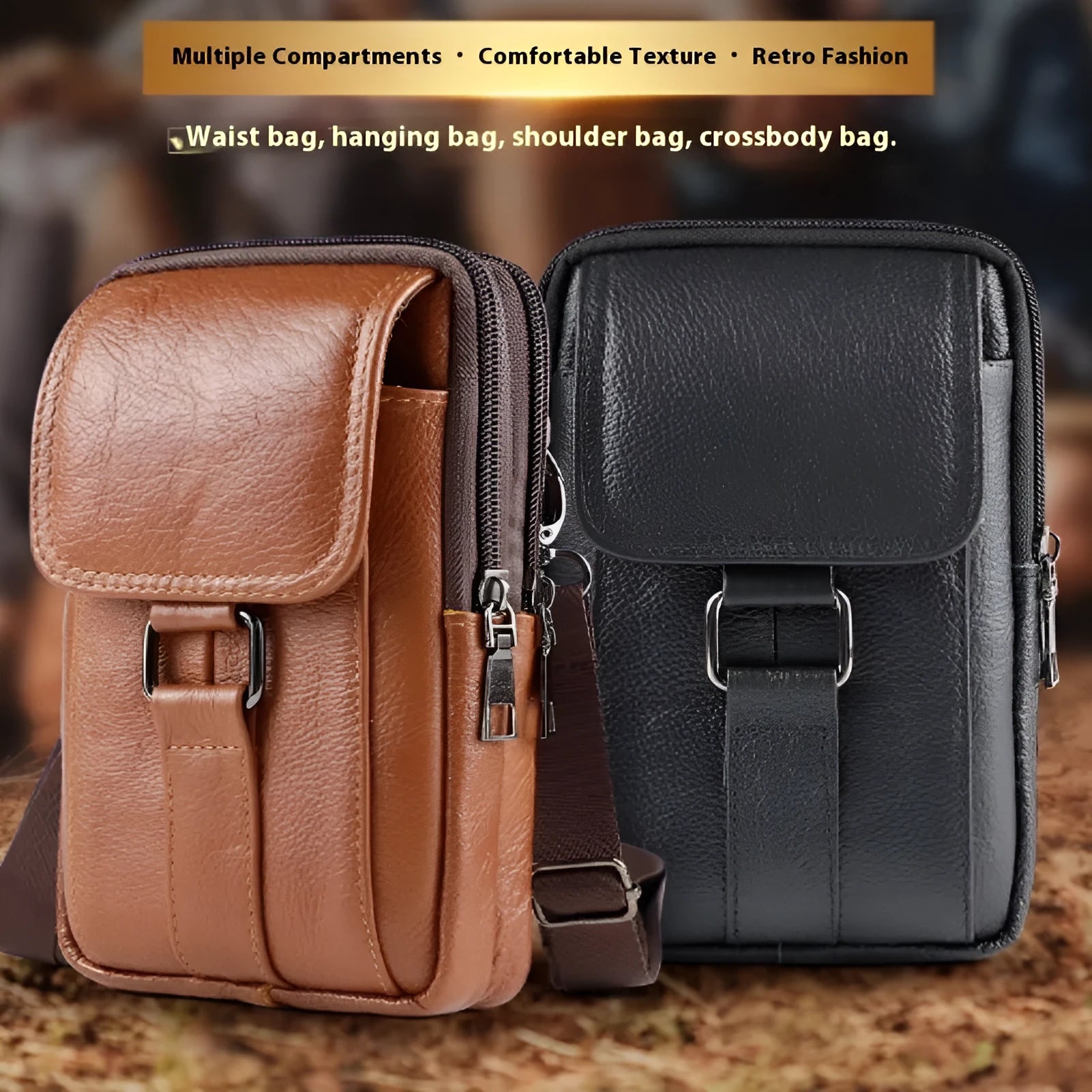 Genuine leather men's vertical square crossbody waist bag with a lock.