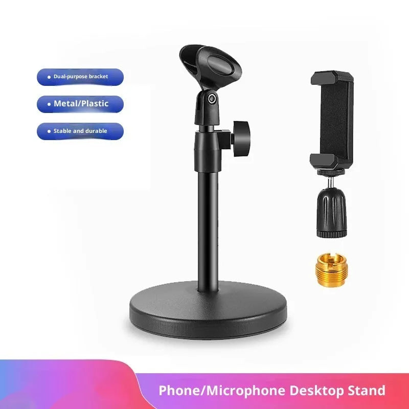 Alloy desktop microphone stand with adjustable riser and metal base for live show and video recording