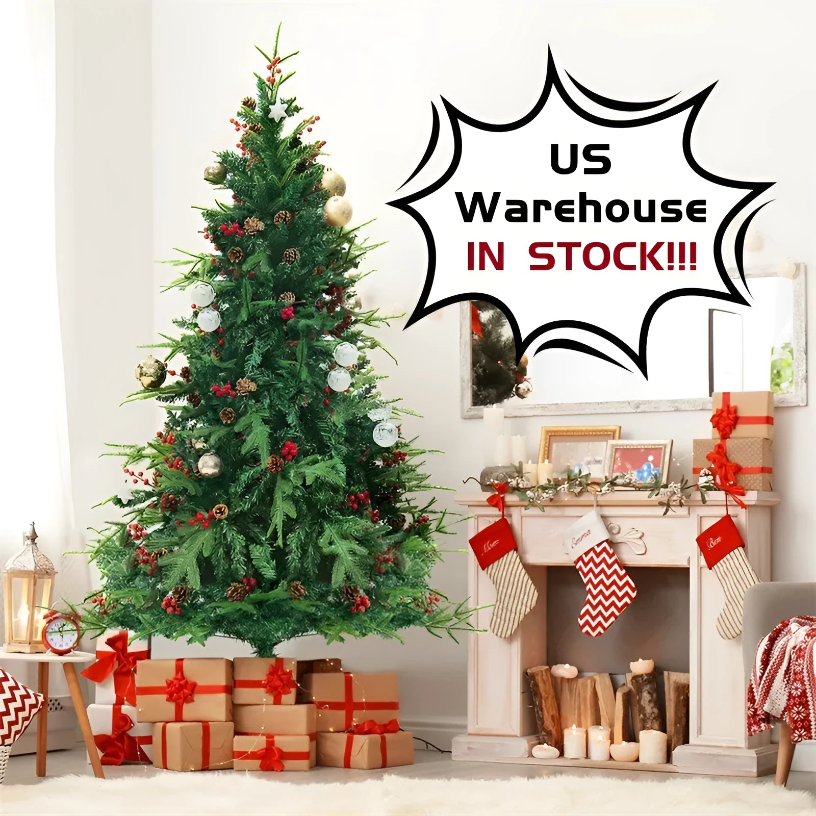 Green and white snow-dusted artificial PVC Christmas tree with metal stand, 180cm and 230cm size options.