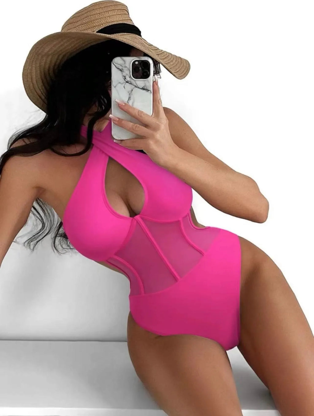Women's black one-piece spun yarn swimsuit on a mannequin
