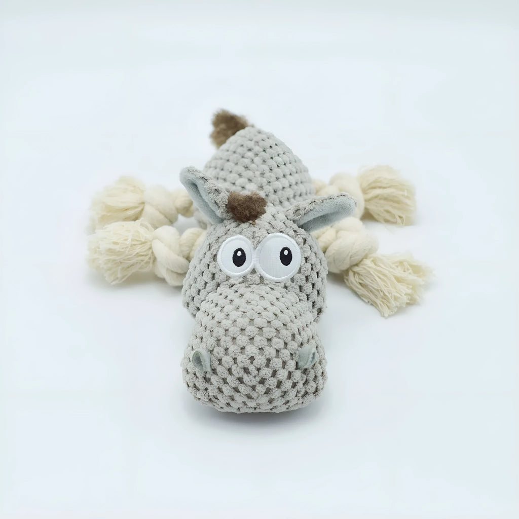 Grey donkey-shaped plush dog toy with squeaker and crinkle sound.